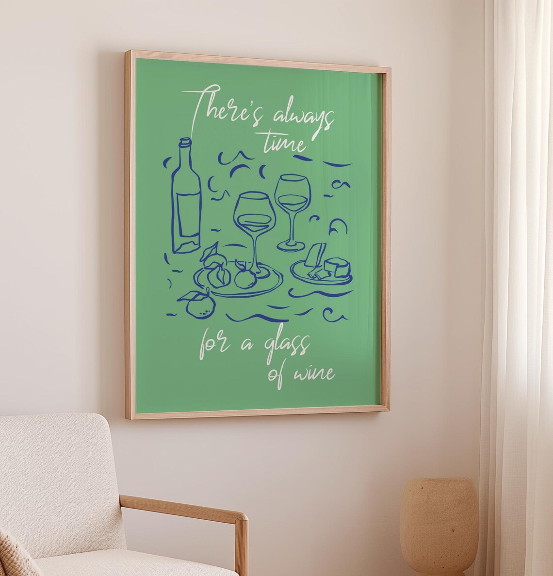 Theres Always Time For A Glass Of Wine Print Green Retro Bar Art Poster - Image 3