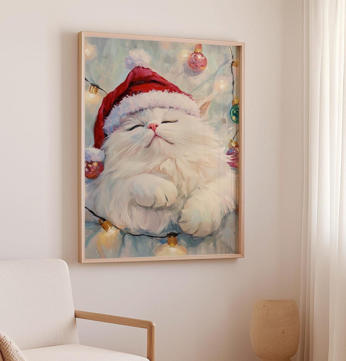 Fluffy White Cat Sleeping Peacefully In A Santa Hat Christmas Poster - Image 2