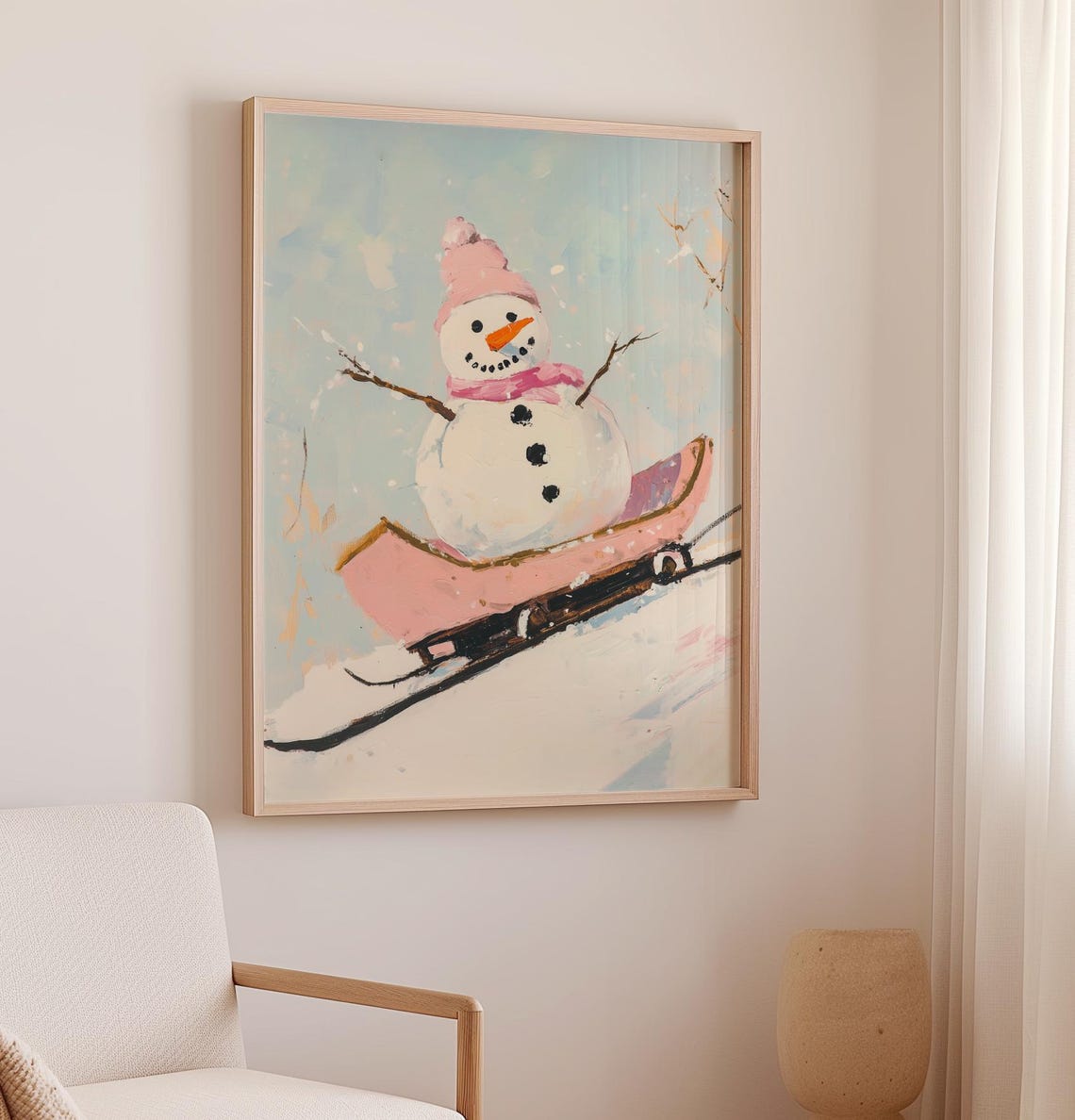 Smiling Snowman In Pink Hat Riding A Bright Pink Sleigh Poster - Image 2
