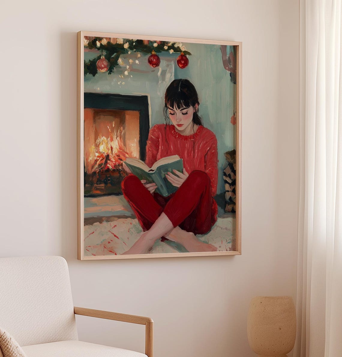 Girl Reading by Fireplace Cozy Christmas Book Nook Winter Poster - Image 3