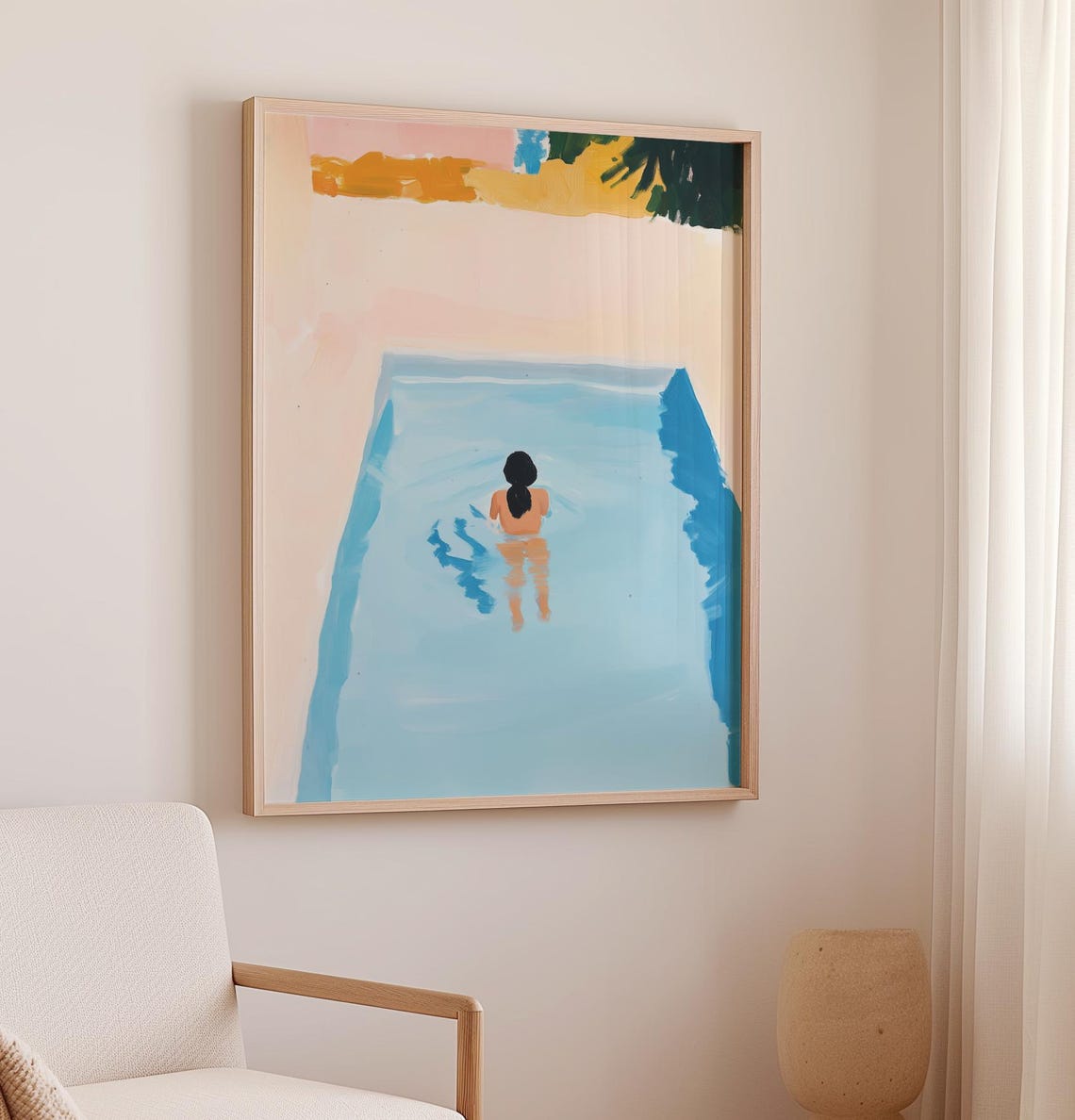 Retro Swimming Pool Art Print Girl Swimming Painting Abstract Painting Summer Tropical Decor Woman Swimming Pool Wall Art Still Life Art - Image 2