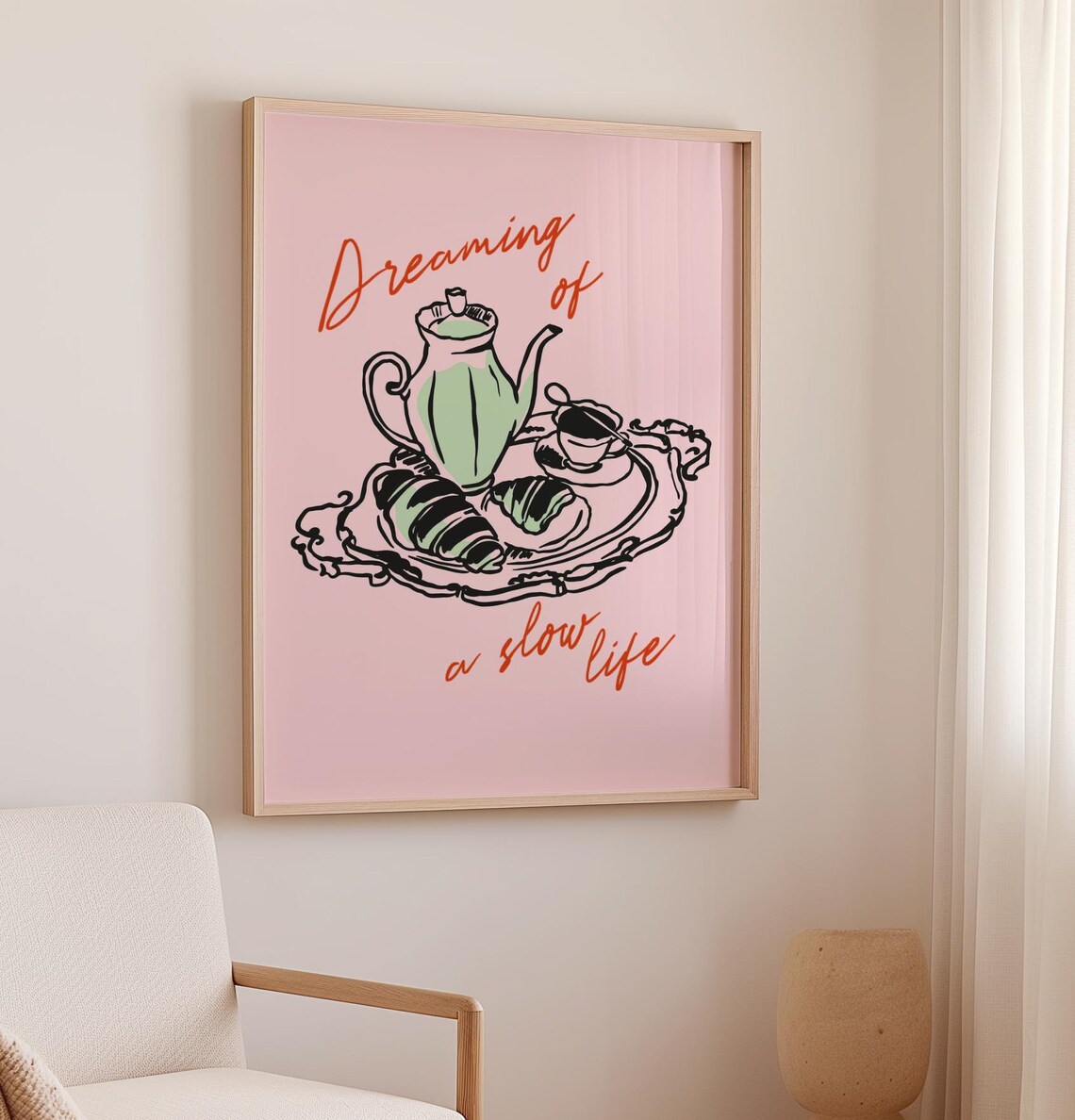 Dreaming Of A Slow Life Print Pink Tea Tray Croissant Cozy Kitchen Art - Image 3