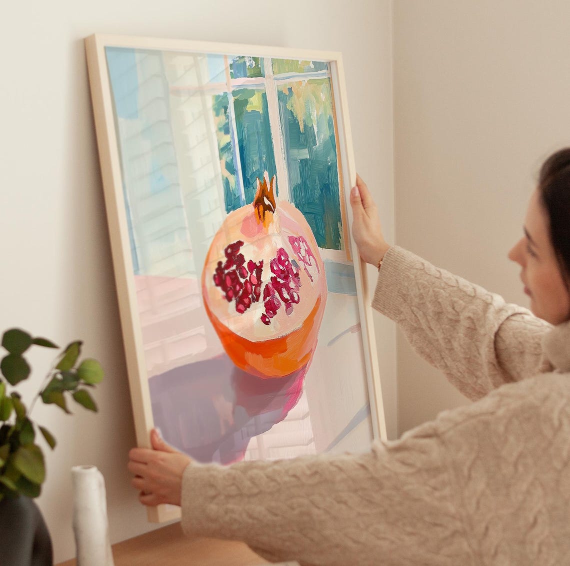 Sliced Pomegranate on Sunlit Windowsill Ruby Seeds Still Life Poster - Image 3