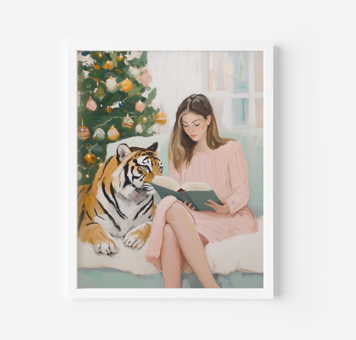 Woman Reading A Book Beside A Tiger By The Christmas Tree Poster