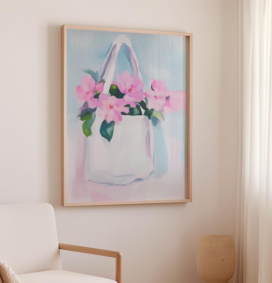 Pink Flowers in White Tote Bag Soft Floral Still Life Poster - Image 2