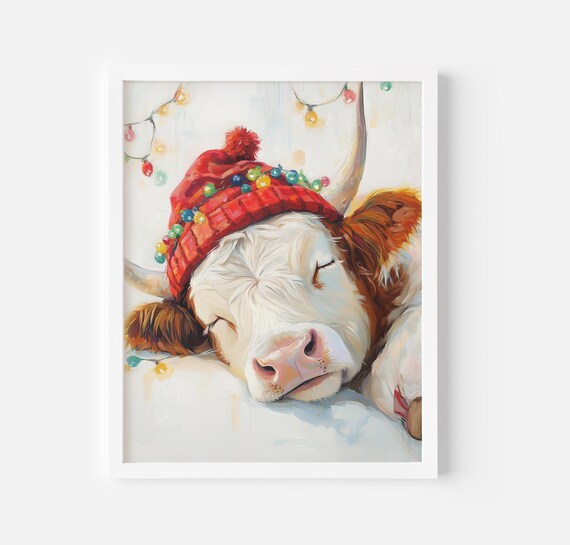 Cute Highland Cow Christmas Print Winter Wonderland Decor Holiday Season Gallery Art Snowy Landscape Art Oil Painting Christmas Art Print