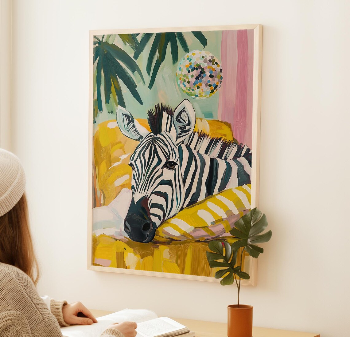 Sleepy Zebra Resting on Yellow Pillow Tropical Bedroom Cozy Safari Poster - Image 2