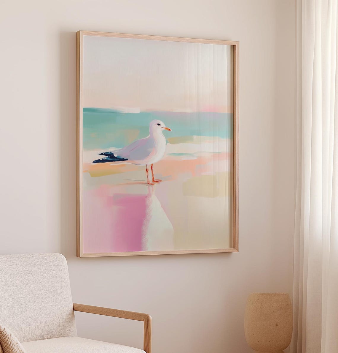 White Seagull Standing On Pastel Beach Coastal Nautical Poster - Image 2