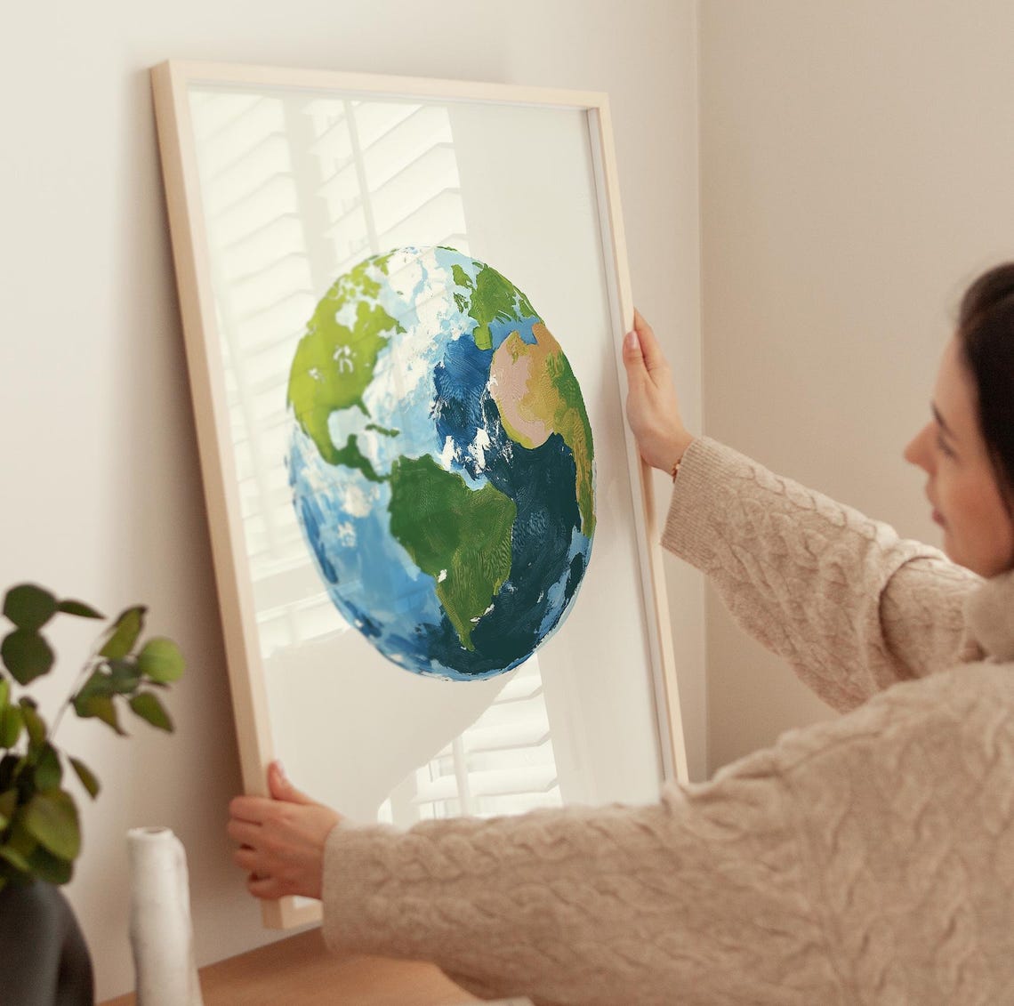 Planet Earth Watercolor Painting Green Blue Globe Nursery Art Poster - Image 2