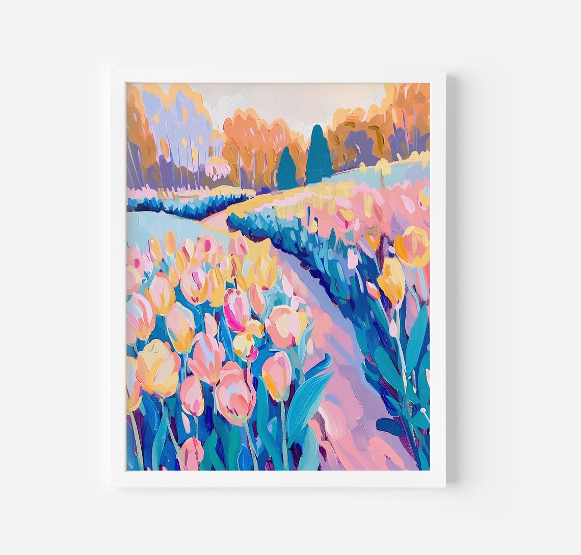 Tulip Field Rows In Spring Flower Farm Landscape Painting Poster