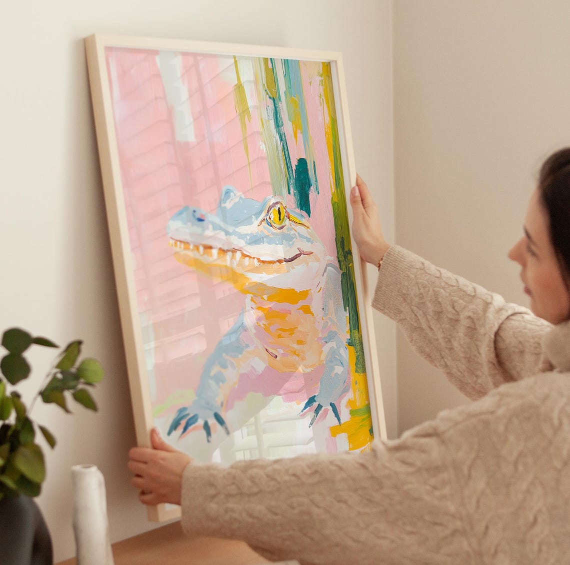 Friendly Smiling Crocodile Pastel Whimsical Reptile Art Poster - Image 3