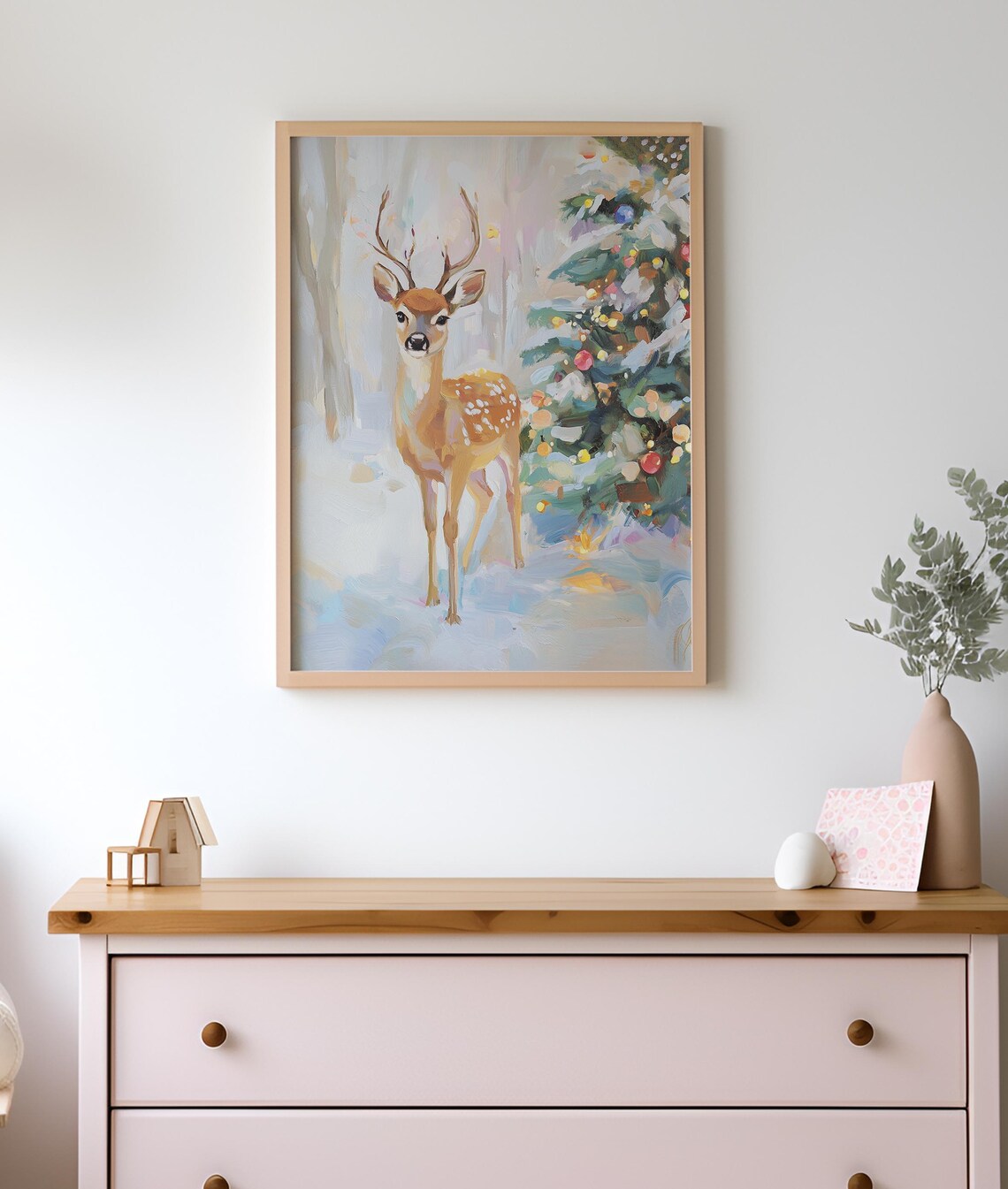 Cozy Winter Reindeer Art Print, Pink Christmas Decor - Image 2