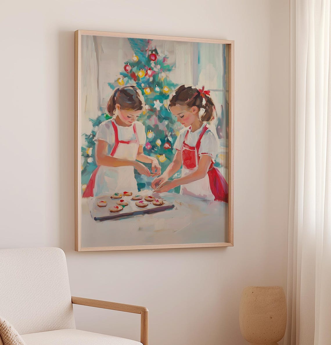 Two Girls Decorating Christmas Cookies By The Tree Art Poster - Image 2