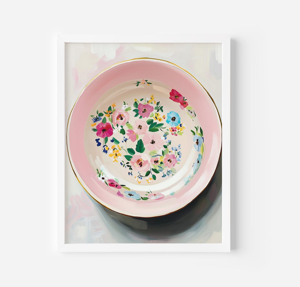 Pink Floral Painted Bowl Wildflower Centerpiece Soft Art Print Poster