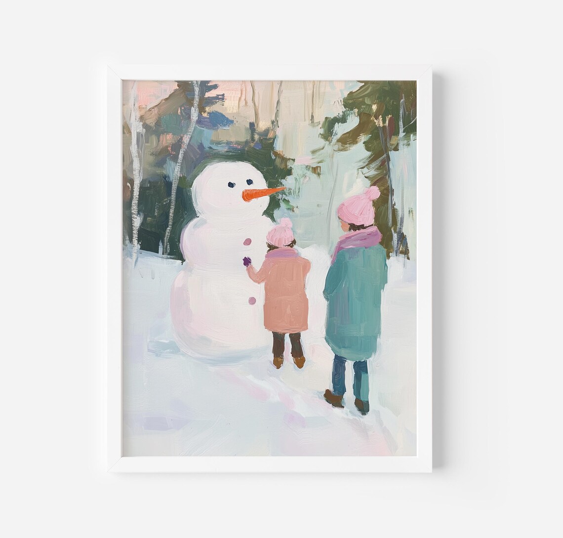Girls With Snowman Vintage Christmas Art Print
