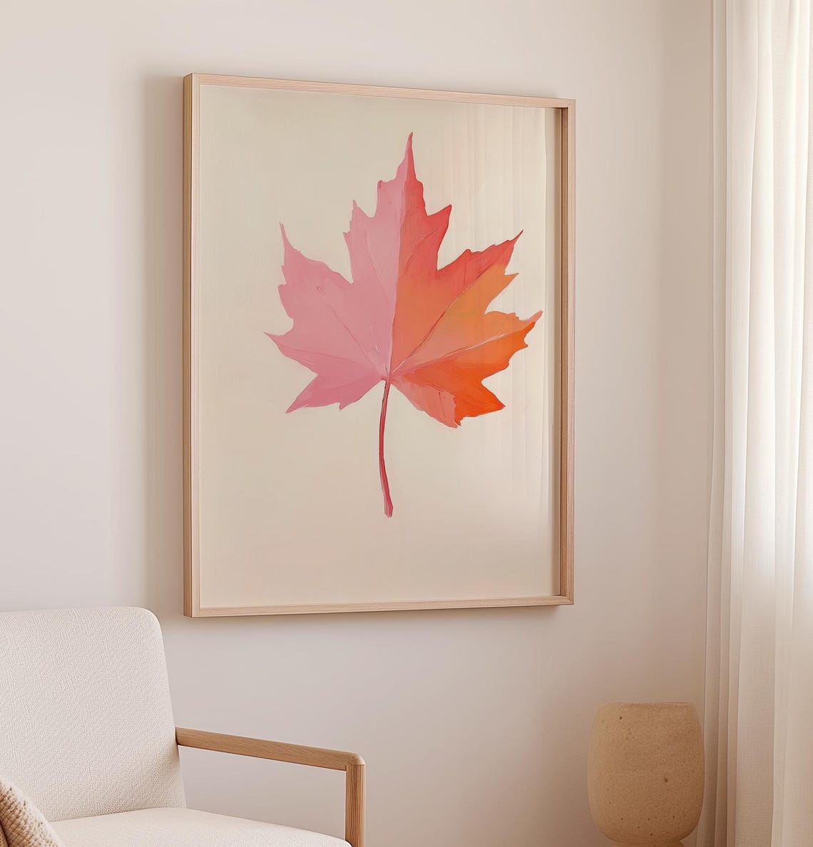 Single Pink Maple Leaf on Cream Minimalist Fall Botanical Decor Poster - Image 2