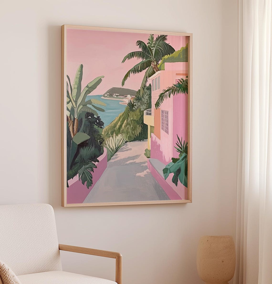 Pink Villa With Palm Trees Overlooking Turquoise Bay Coastal Poster - Image 2