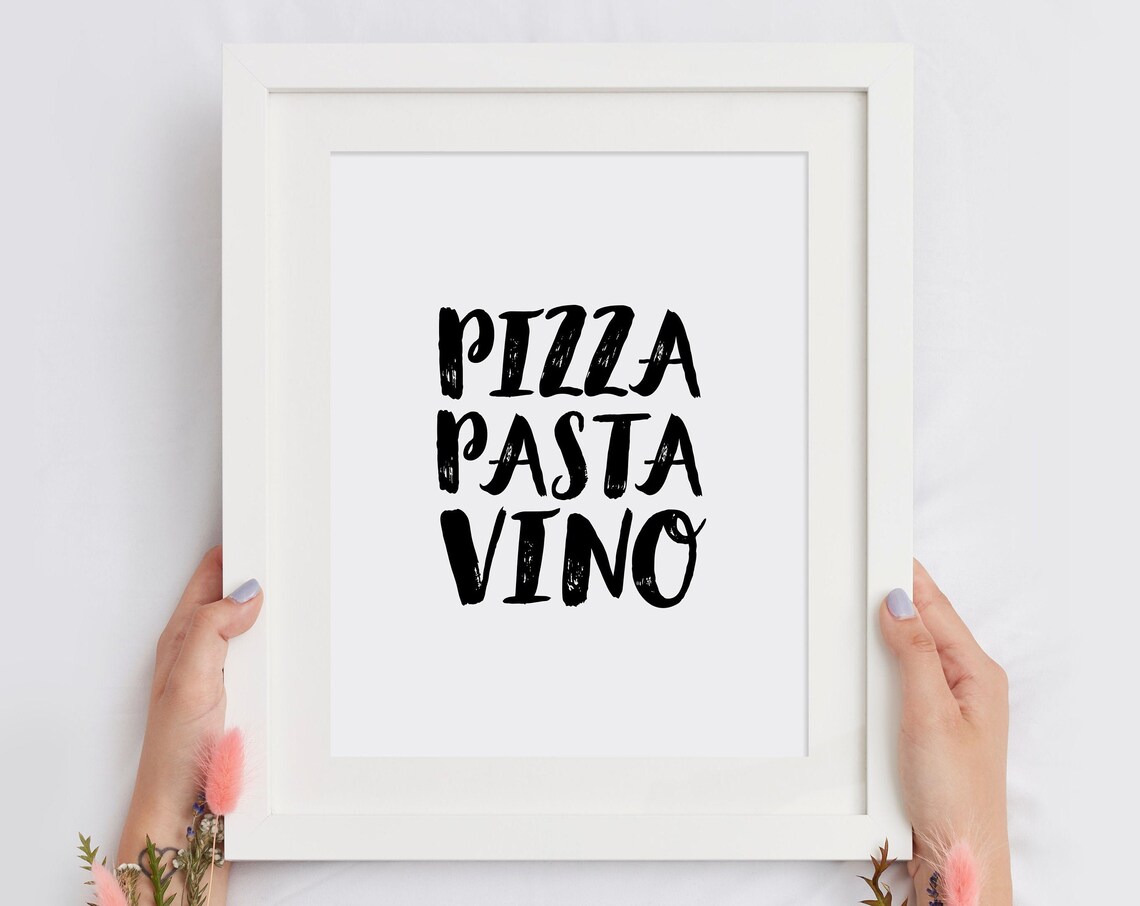 Pizza Pasta Vino Funny Italian Kitchen Brush Lettering Poster