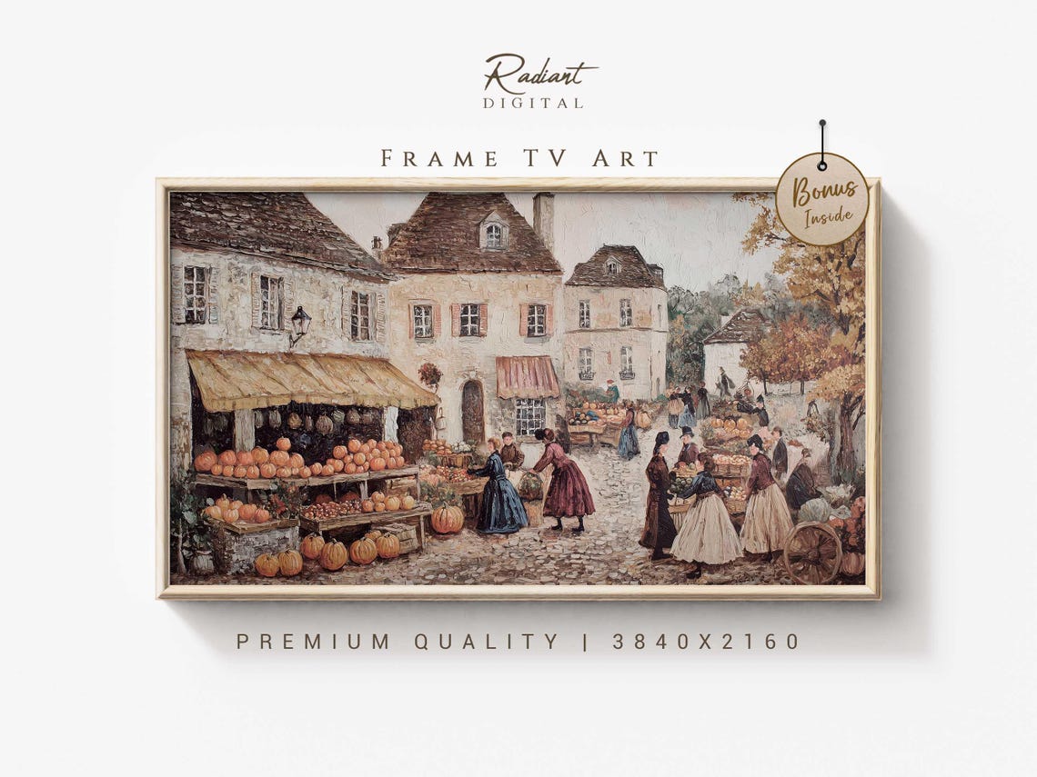 Charming Vintage European Market Autumn Pumpkins Rustic Scene Poster