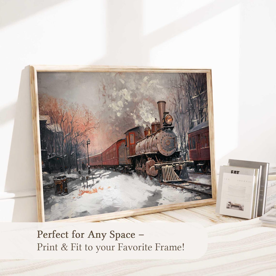 Vintage Red Steam Train Snowy Station Winter Locomotive Art Print - Image 5