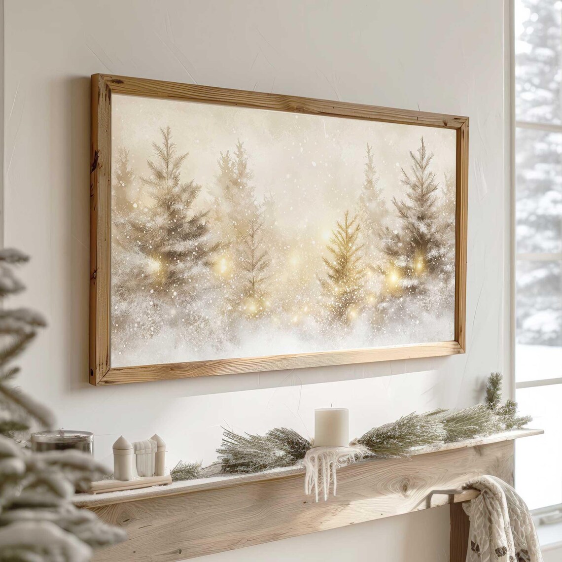 Golden Glowing Snowy Pines Christmas Lights Watercolor Poster - Image 2