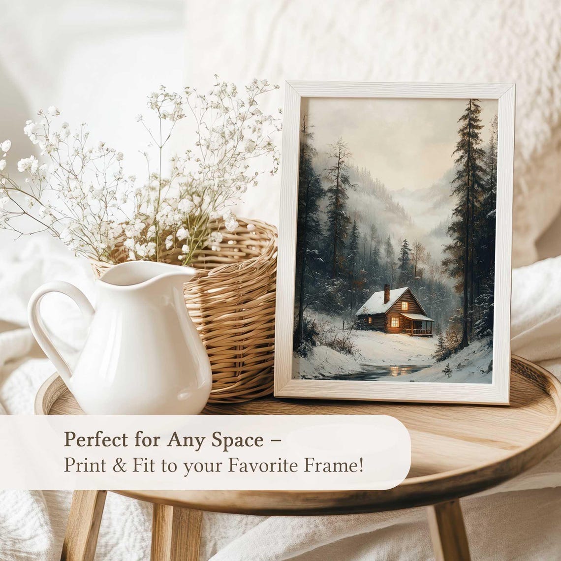 Snowy Log Cabin in Pine Forest with Warm Glowing Light Poster - Image 5