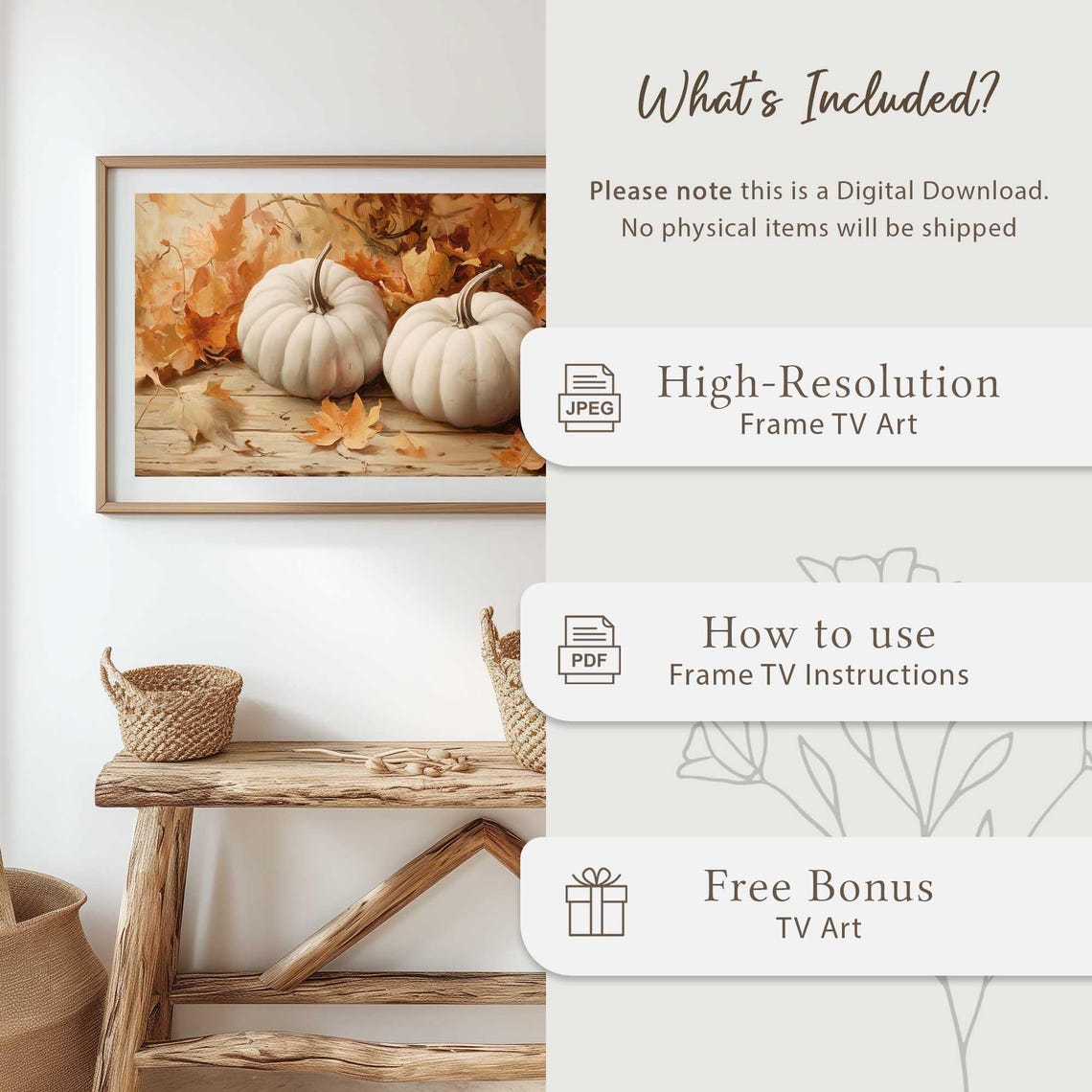 Two Pale White Pumpkins With Autumn Leaves Rustic Fall Poster - Image 5