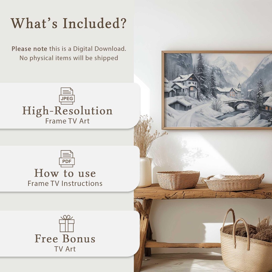 Snowy Alpine Village Chalets Bridge Winter Mountain Wall Art - Image 3