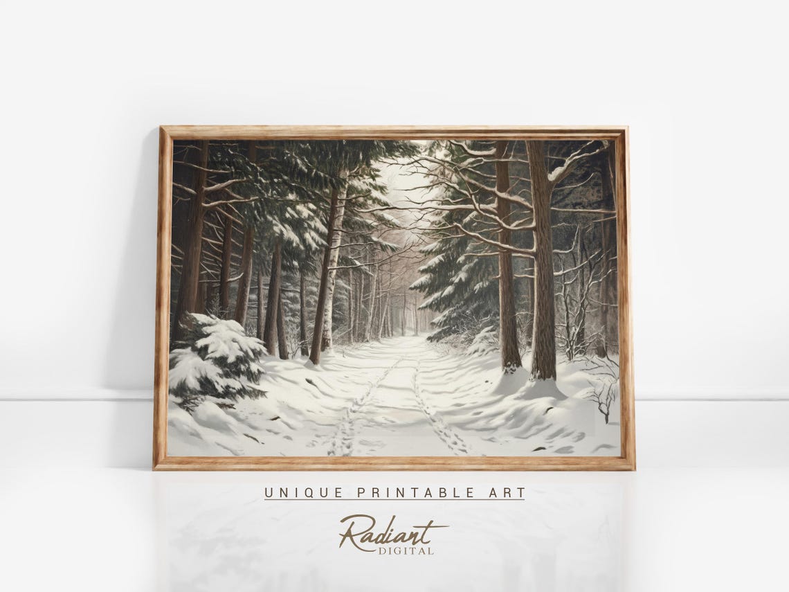 Snowy Forest Path Footprints Tall Pines Rustic Winter Wall Art