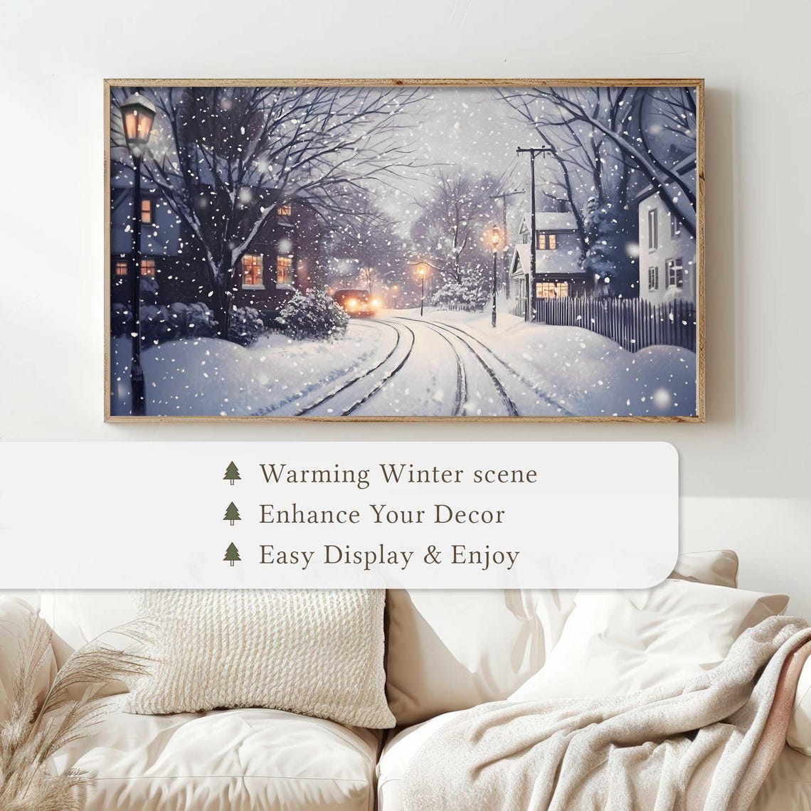 Snowy Village Street Lampposts Nightfall Winter Scene Wall Art - Image 4