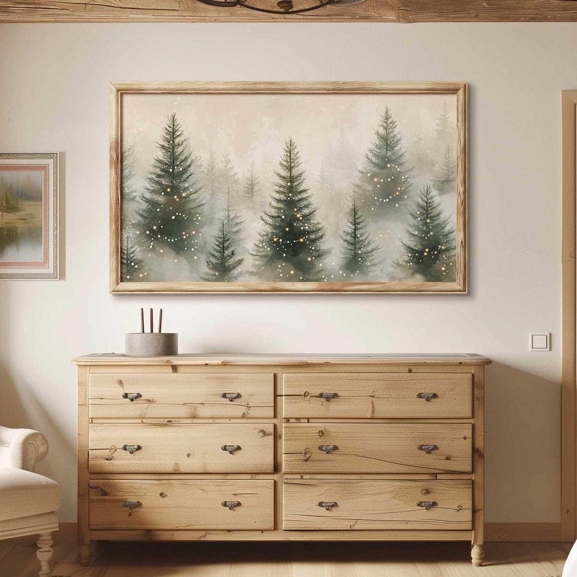 Misty Watercolor Pine Forest with Soft Glowing Lights Poster - Image 2