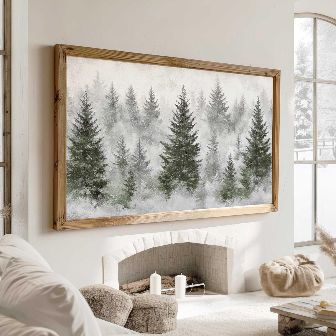 Misty Snowy Pine Forest Fog Watercolor Winter Woodland Wall Art - Image 3