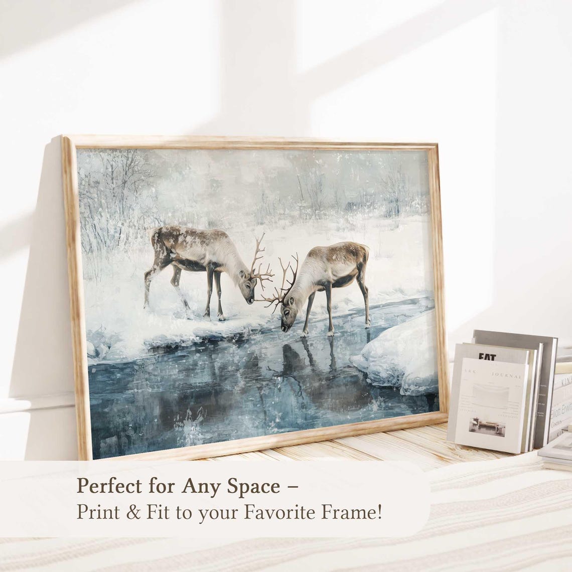 Two Reindeer Drinking at a Frozen Stream Winter Watercolor Poster - Image 5
