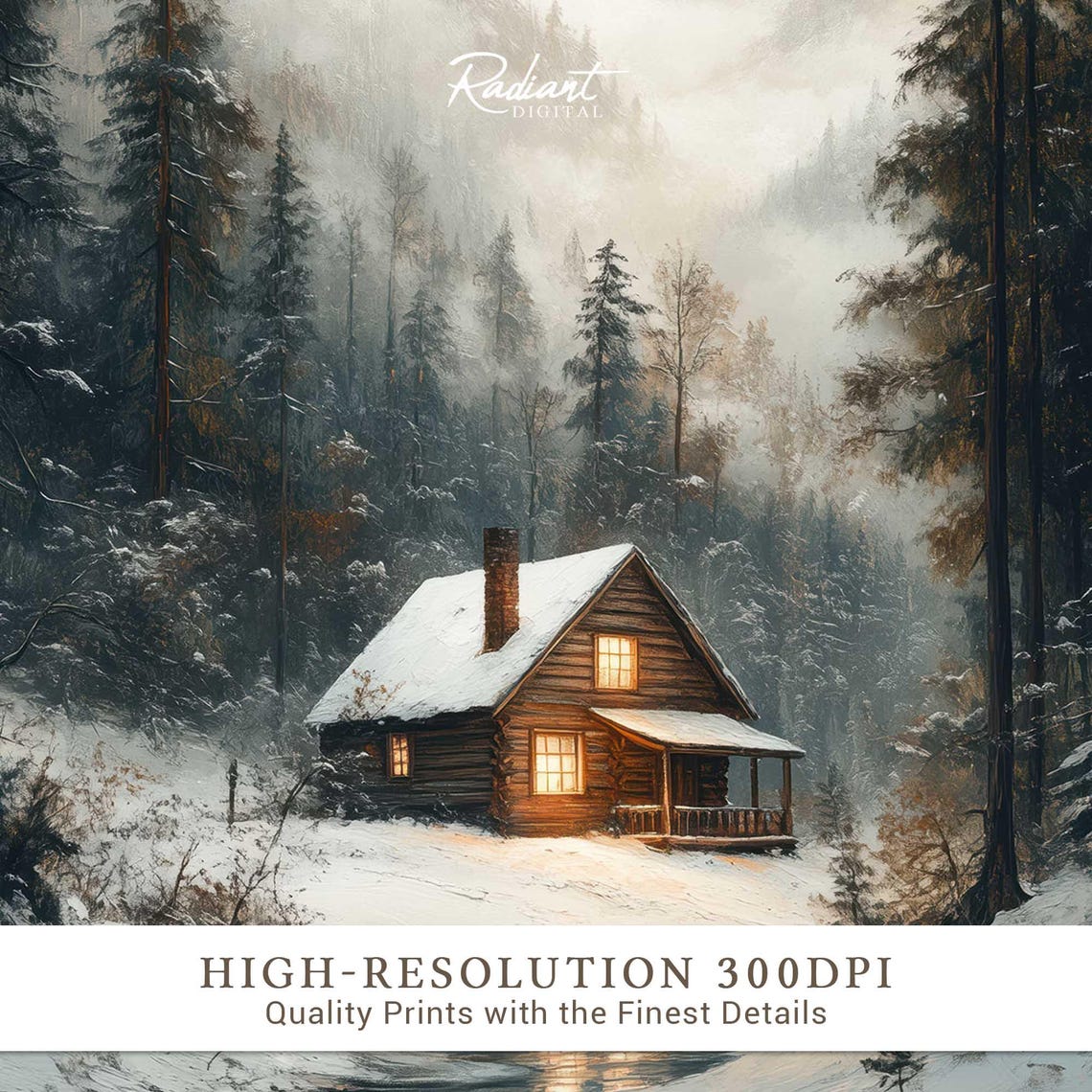 Snowy Log Cabin in Pine Forest with Warm Glowing Light Poster - Image 3