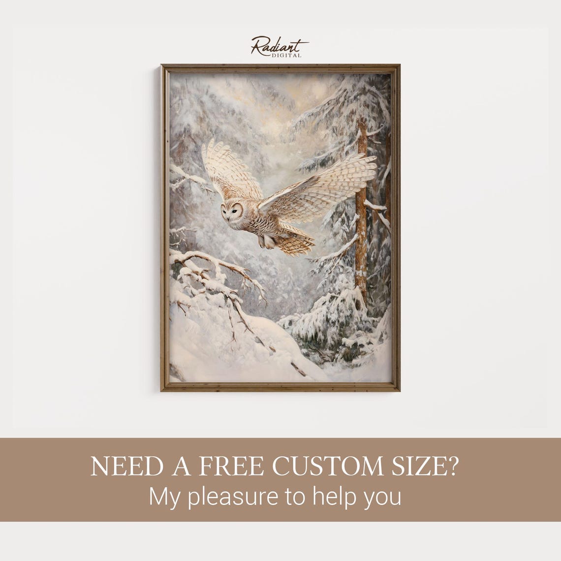 Barn Owl Soaring over Snow Covered Pines in Warm Glow Poster