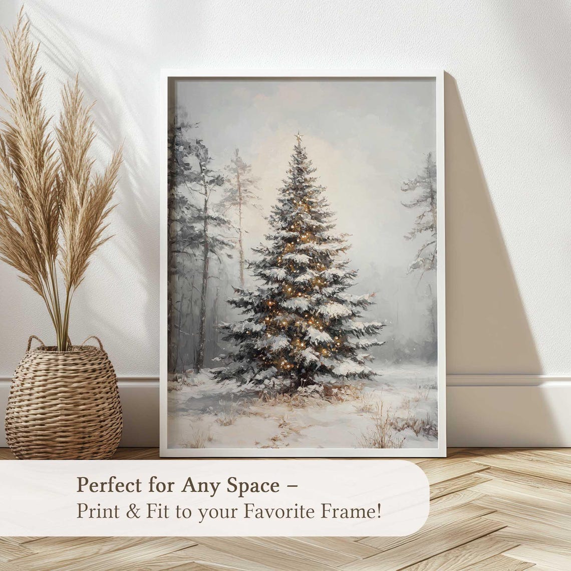 Snowy Christmas Tree Golden Lights Winter Forest Night Wall Art - Image 5