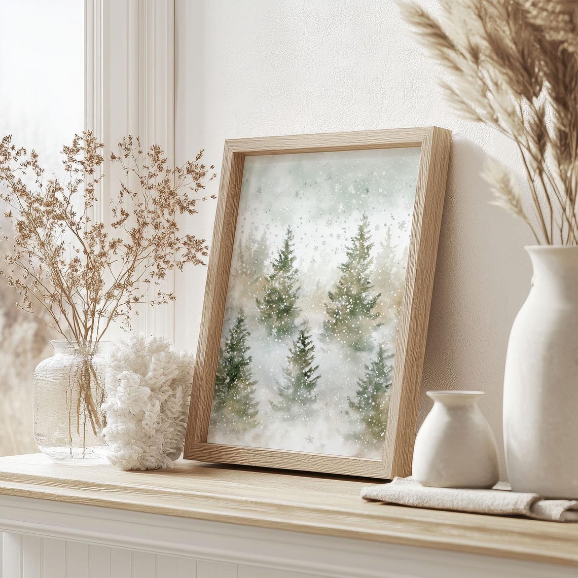 Watercolor Snowy Pine Forest with Gentle Falling Snow Poster