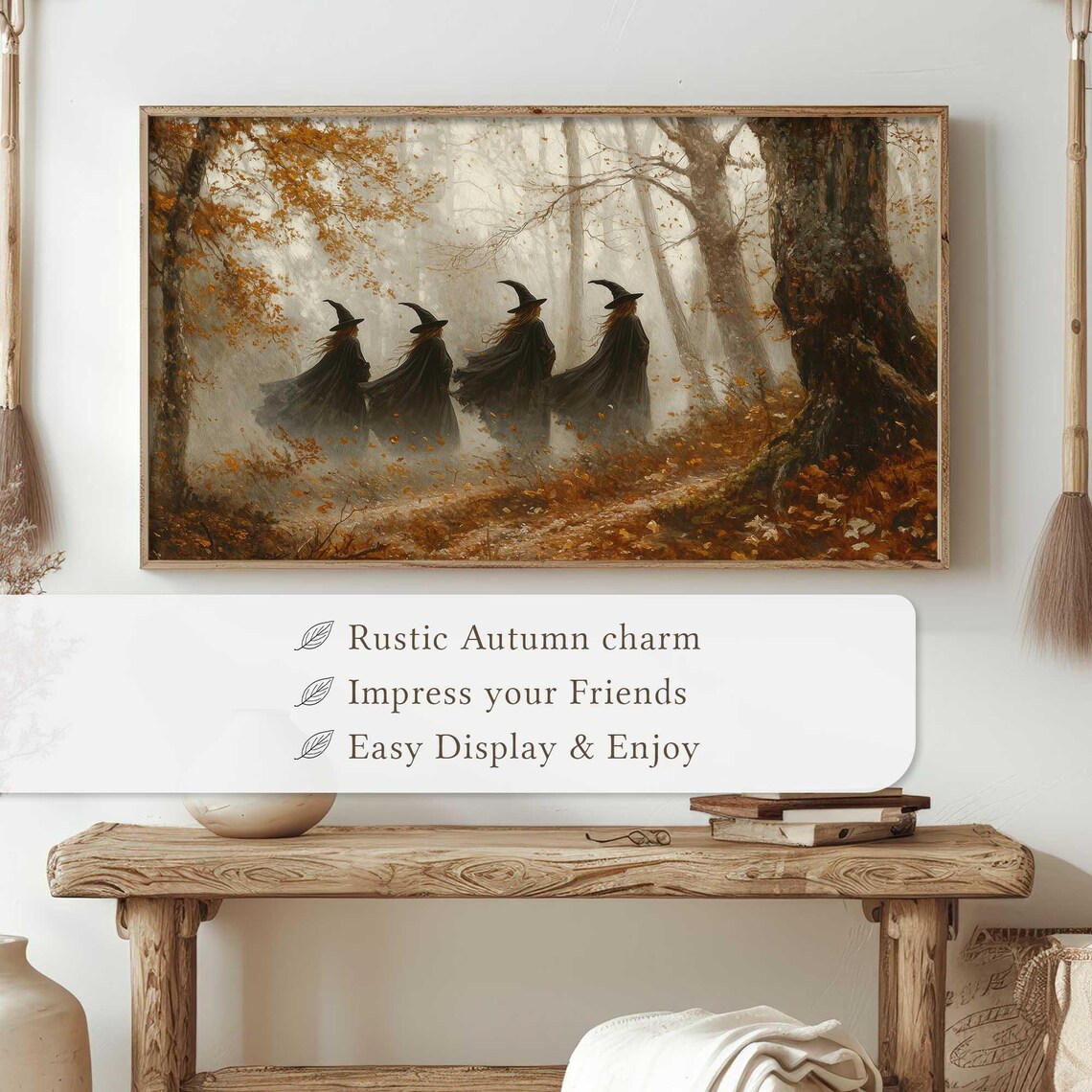 Four Witches Strolling Golden Autumn Forest Fog Halloween Poster - Image 4