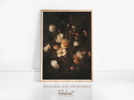 Dark Moody Rose Bouquet Black Background Oil Painting Art Print