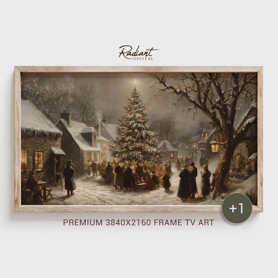 Night Christmas Village Gathering around Glowing Tree Poster
