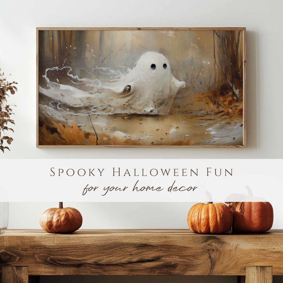 Cute Little Ghost Gliding Through Autumn Forest Spooky Poster - Image 4