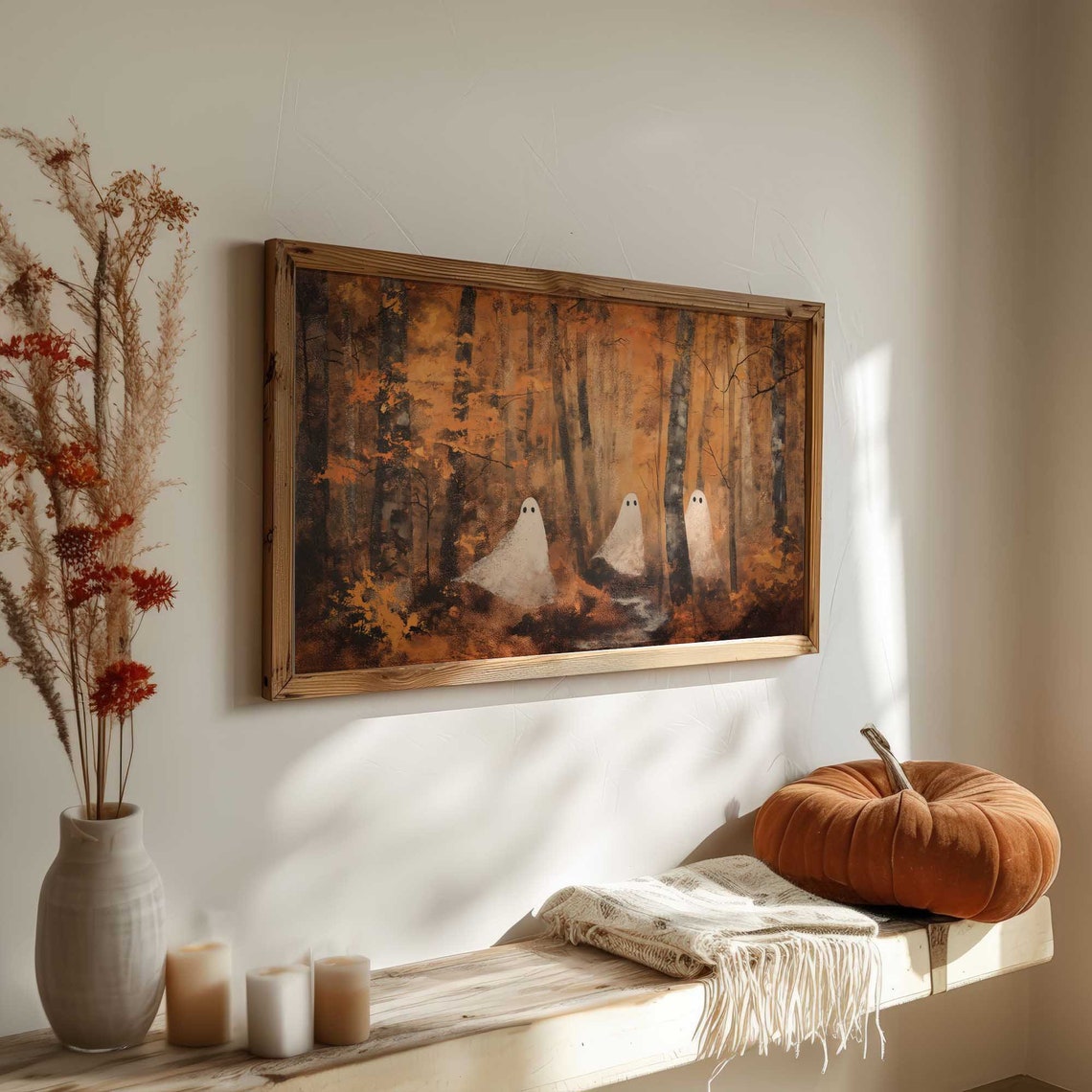 Three Drifting Ghosts in Golden Autumn Birch Forest Spooky Poster - Image 2