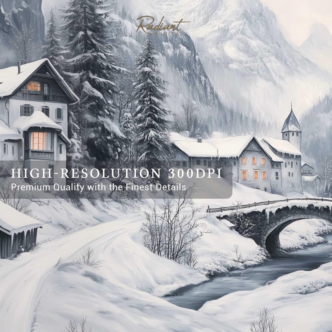 Snowy Alpine Village Chalets Bridge Winter Mountain Wall Art - Image 4