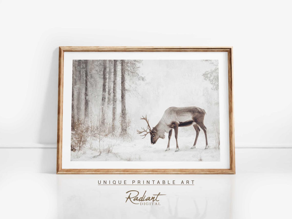 Lone Reindeer in a Snowy Birch Forest Winter Watercolor Poster