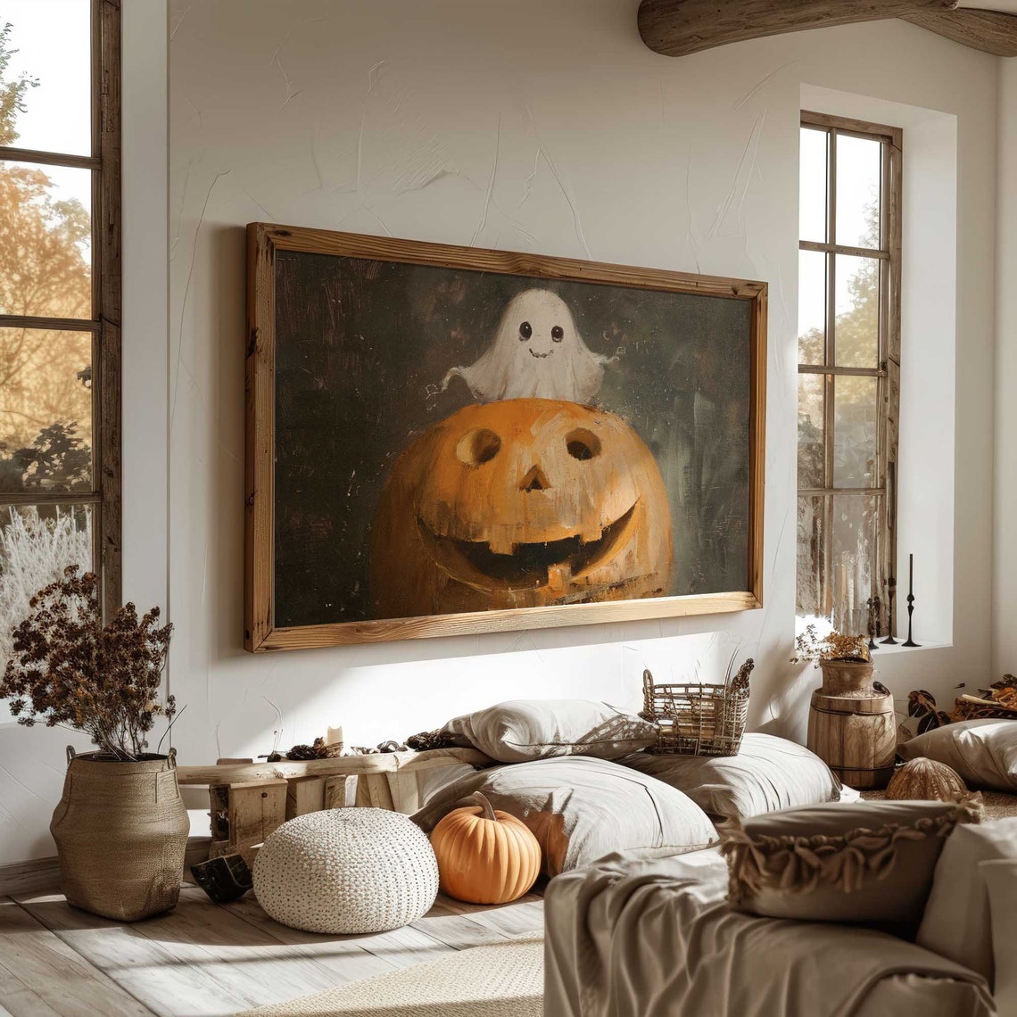 Happy Cute Ghost Peeking Behind Smiling Jack O Lantern Poster - Image 3