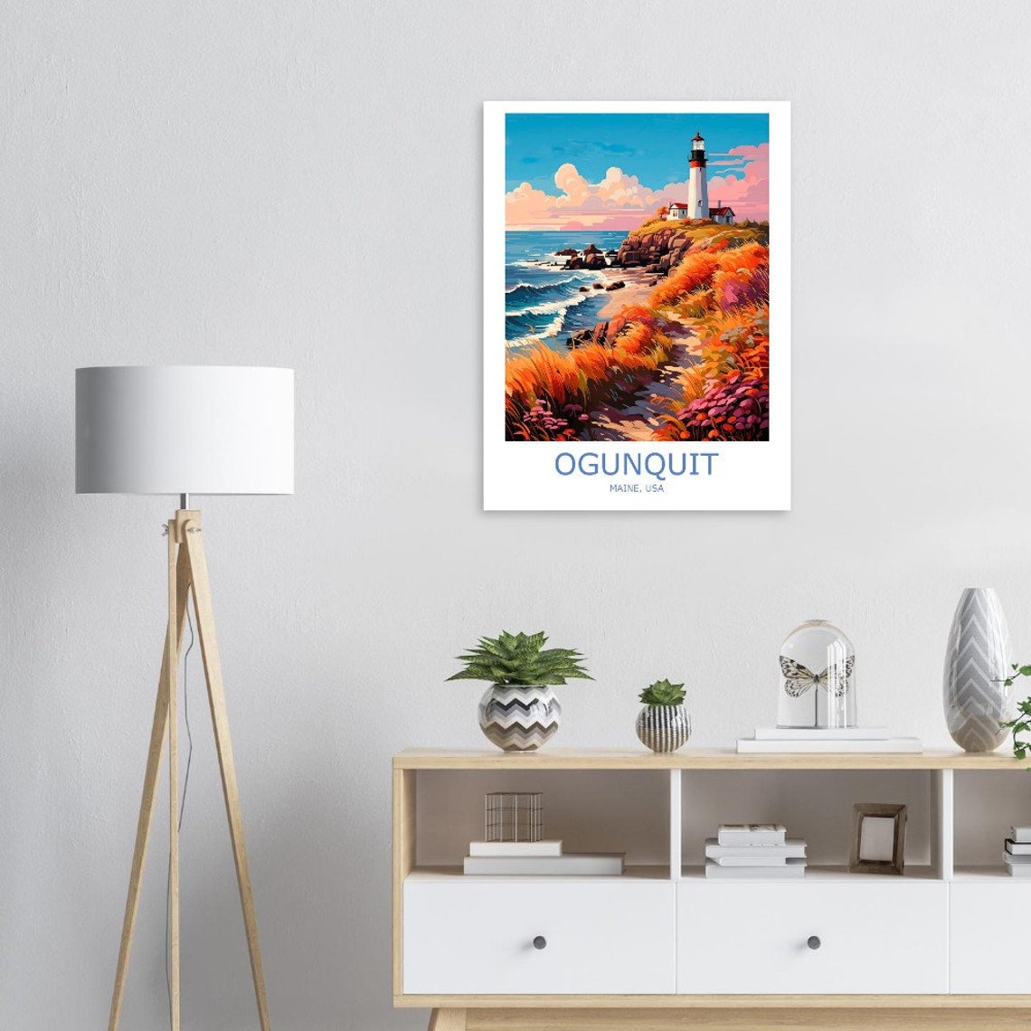 Ogunquit Maine Lighthouse On Rocky Coast At Sunset Travel Poster - Image 2