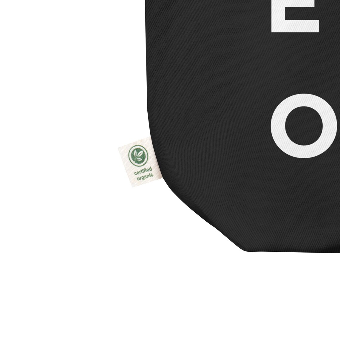 Certified Organic Black Cotton Tote Bag Corner Detail Photo Print