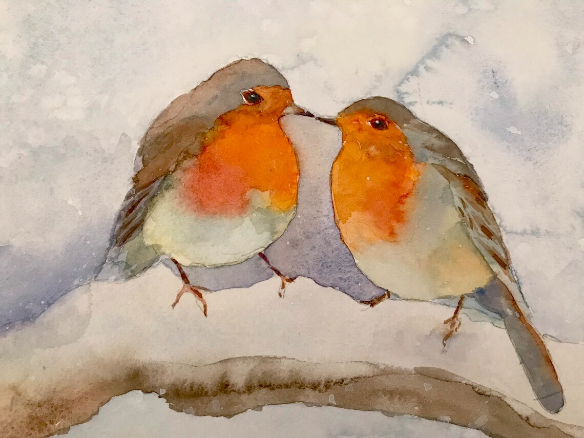 Two European Robins on a Snowy Branch Winter Watercolor Poster - Image 3