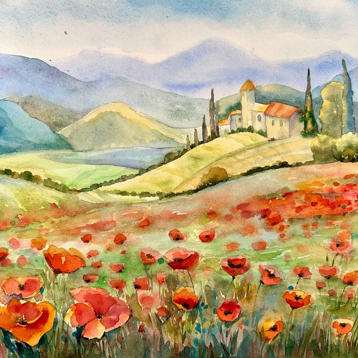 Tuscan Villa Above a Red Poppy Field Watercolor Landscape Poster - Image 4