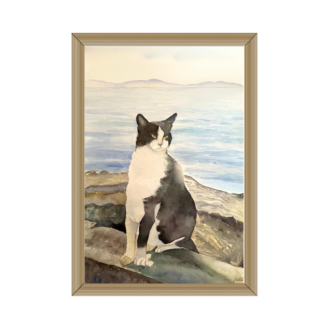 Black and White Tuxedo Cat by the Sea Watercolor Pet Portrait Poster - Image 2